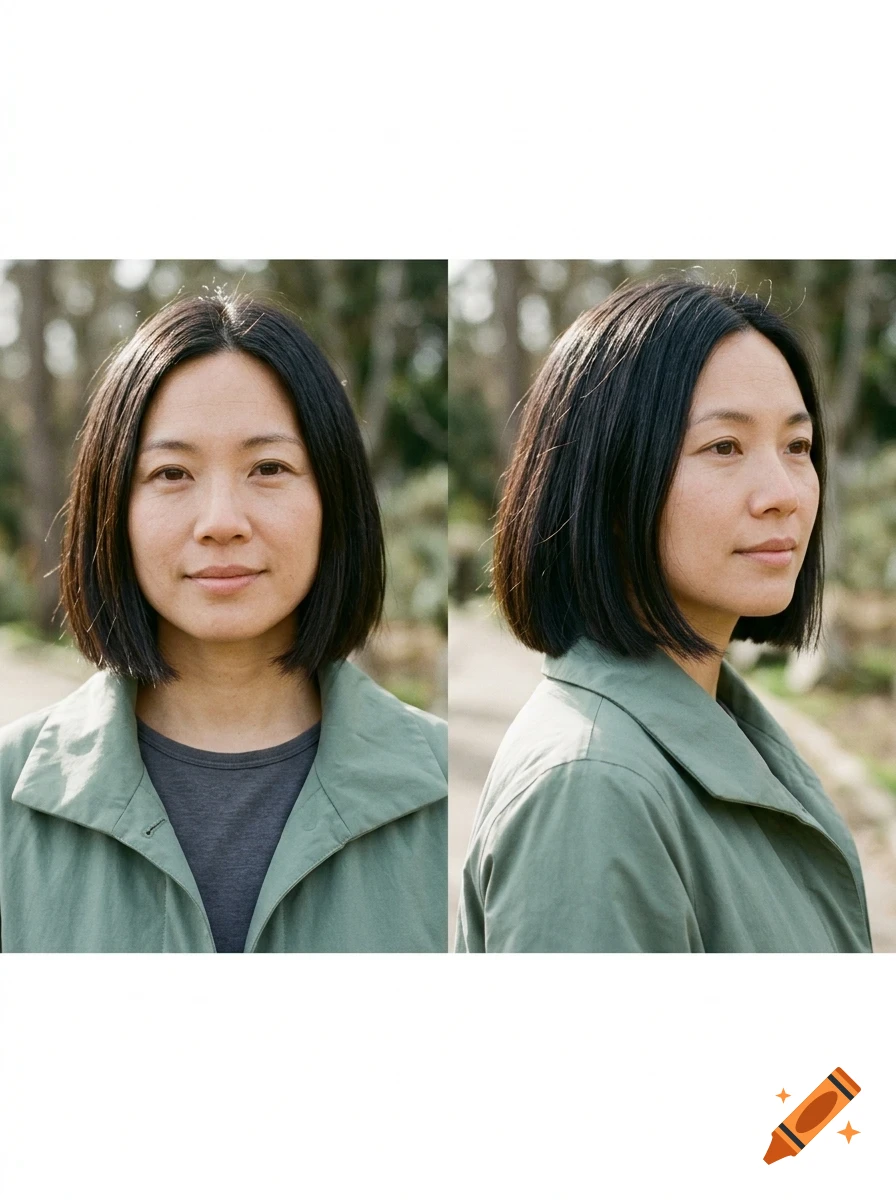 Portraits of a woman with dark bobbed hair and a green jacket, shown from the front and side.