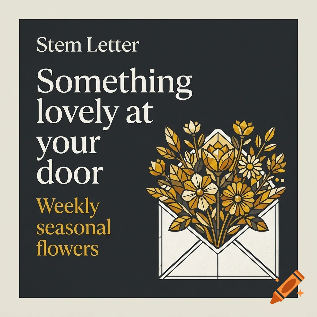 An envelope containing a bouquet of yellow flowers, accompanied by the text Stem Letter and Something lovely at your door Weekly seasonal flowers.