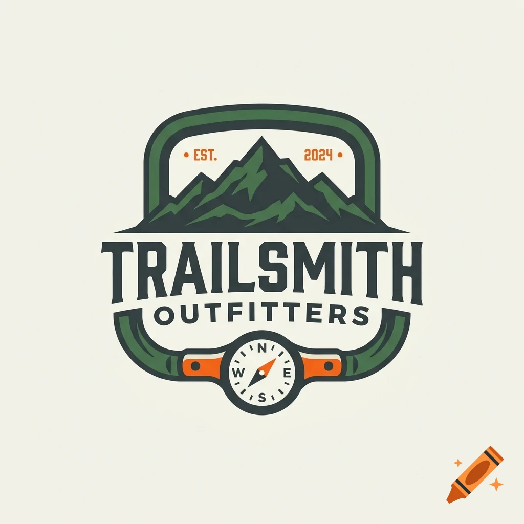 An outdoor emblem design featuring mountains above a compass and the text TRAILSMITH OUTFITTERS EST. 2024.
