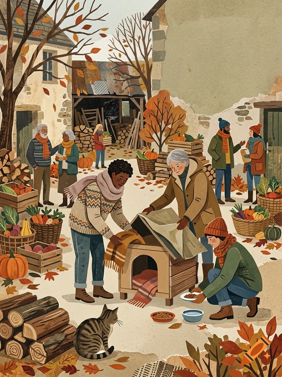 An illustrated village scene in autumn showing people harvesting, gathering wood, and tending to a dog house, with a cat nearby.