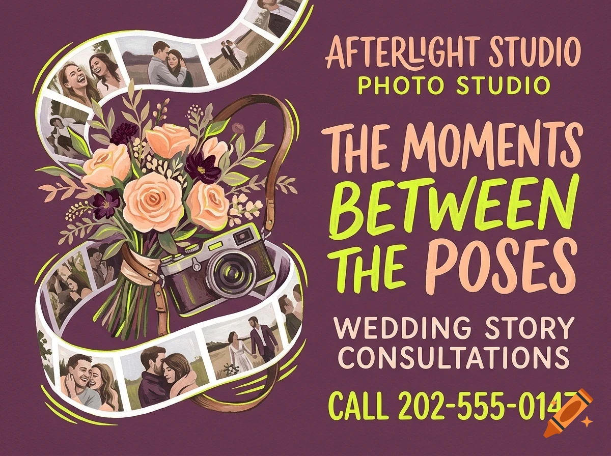 A promotional advertisement for a photo studio featuring a camera, a bouquet of flowers, and a film strip with photos of couples, alongside text on a purple background.