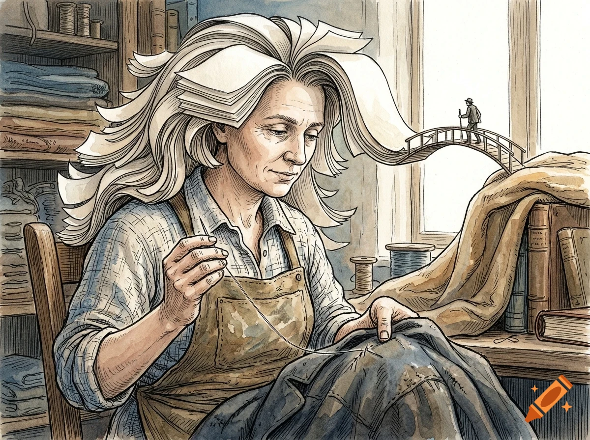 An elderly woman with hair made of stacked paper pages is sewing cloth in a workshop, while a tiny person crosses a bridge near her hair.