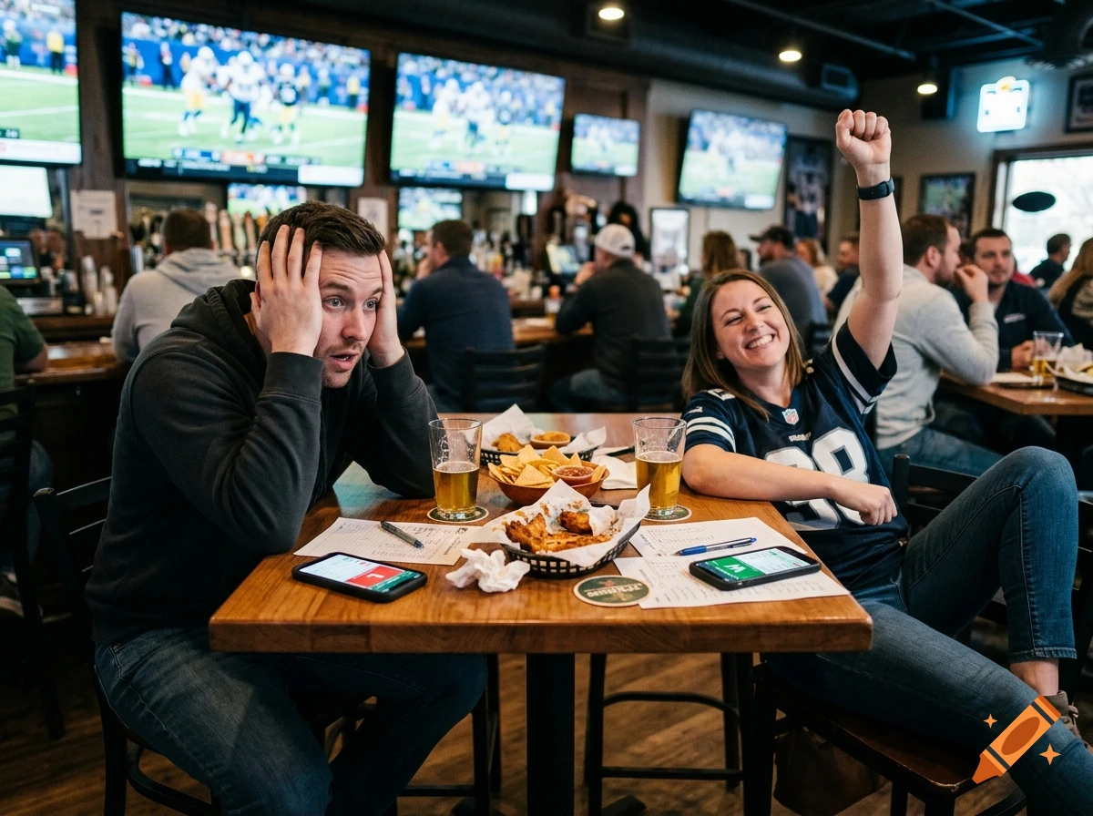 Photorealistic scene of two people at a bar watching sports, one panicking and one celebrating victory.