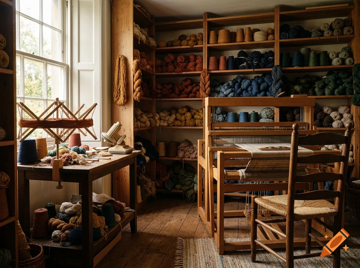 A rustic craft room filled with wooden shelves stacked with colorful yarn, a loom, and a spinning wheel by a window.