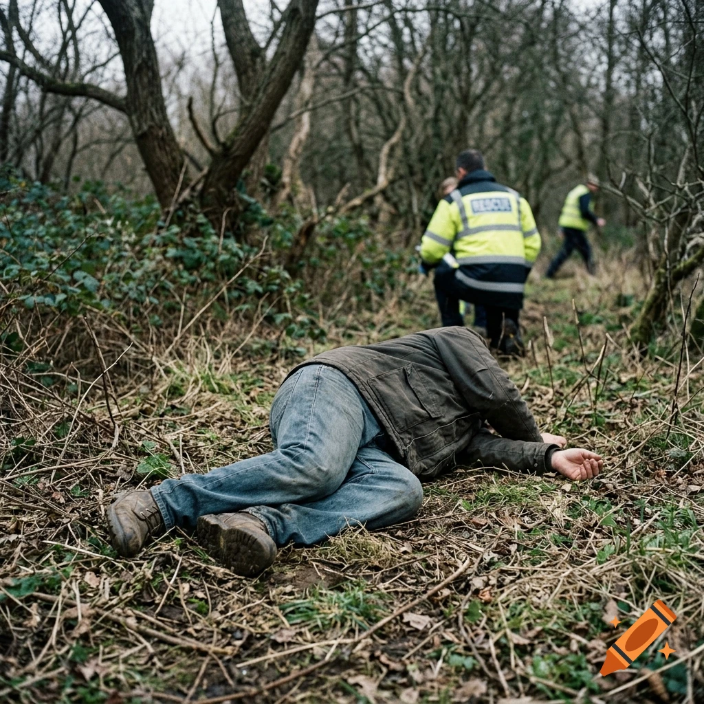 Photorealistic image of a person lying in the forest with rescue workers in high-visibility jackets searching in the background.