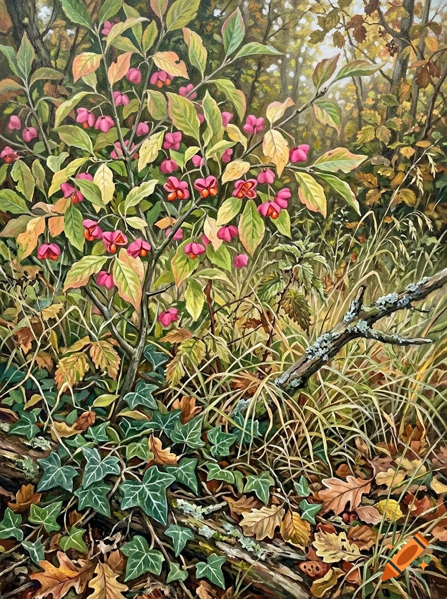 An oil painting depicting a forest floor with a spindle bush bearing pink and orange berries, surrounded by green ivy and fallen autumn leaves.