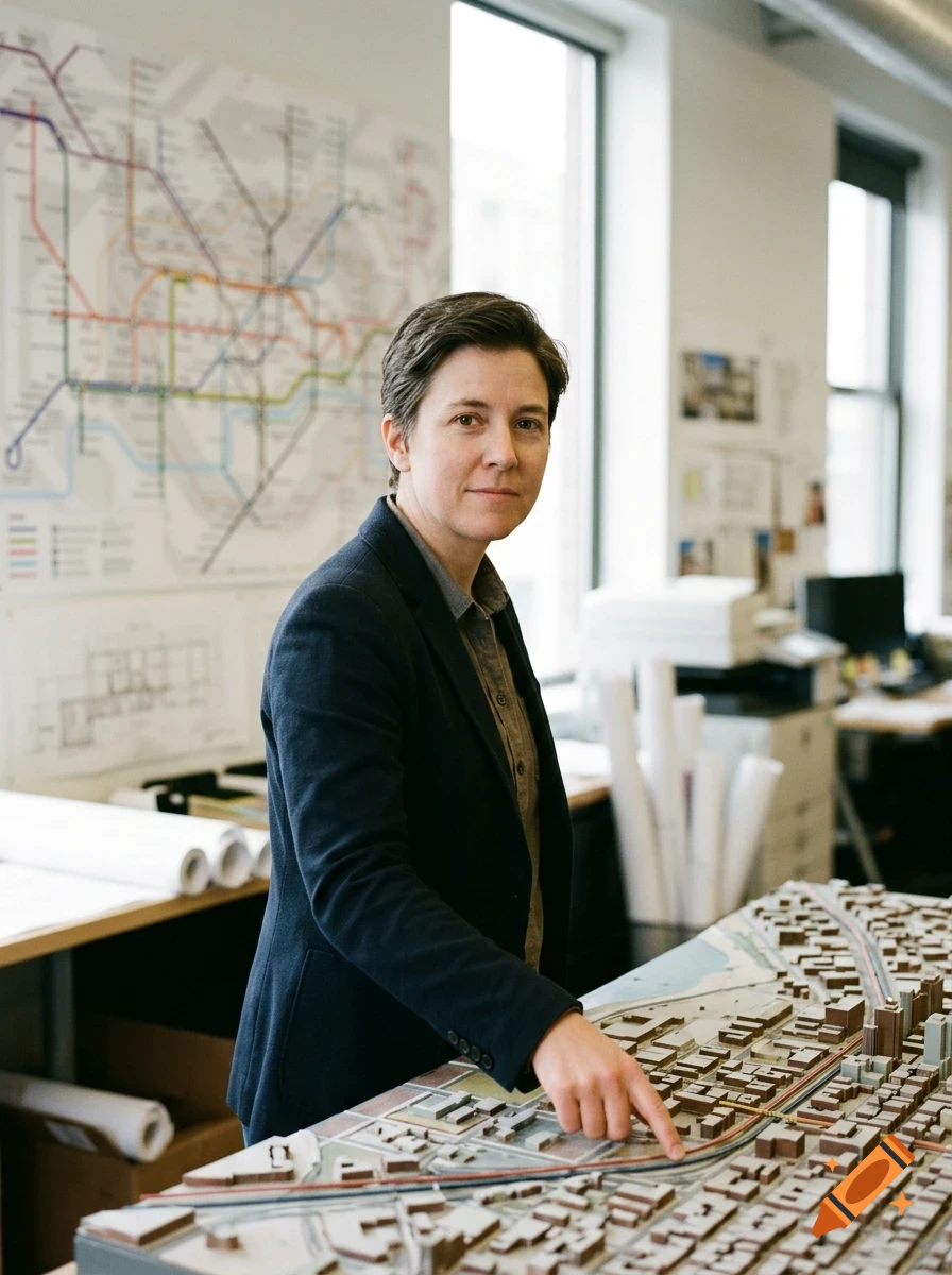 A person pointing at an architectural model in an office setting with a transit map on the wall.