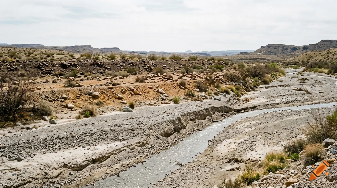 A shallow, winding stream flowing through an arid, rocky desert landscape with sparse vegetation and distant low hills.