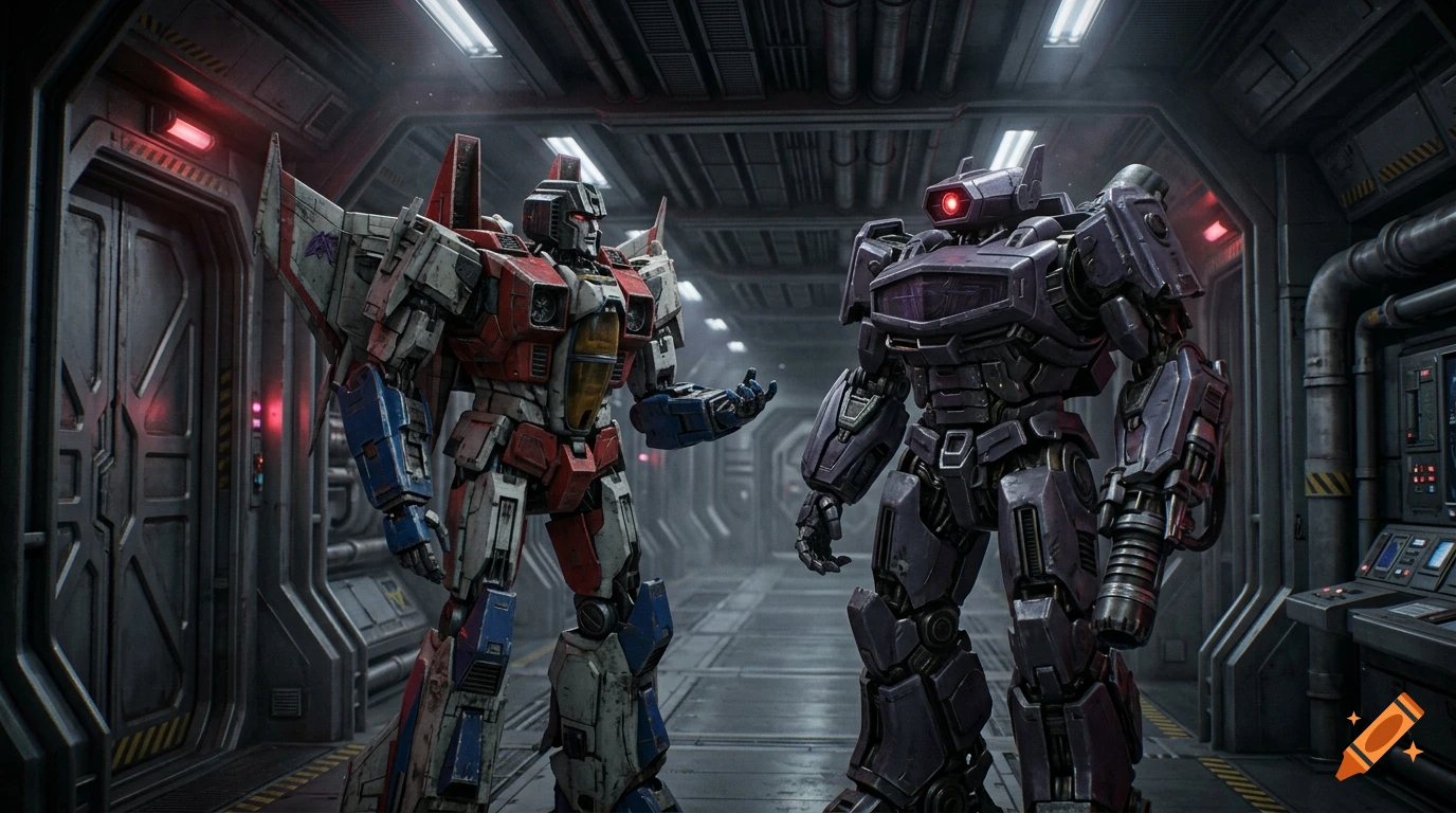 Detailed photorealistic scene of Starscream and Shockwave chatting inside a Decepticon spaceship corridor.