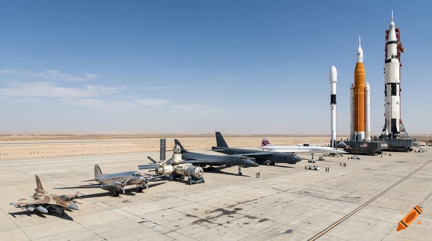 A photorealistic wide-angle shot of an aerospace exhibition on a desert runway showing scaled aircraft and rockets.