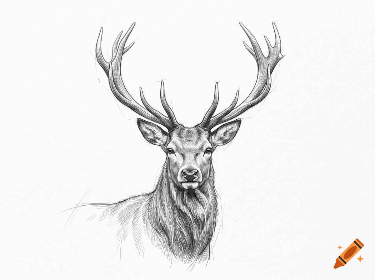 Pencil sketch of a majestic deer head with large antlers against a plain white background.