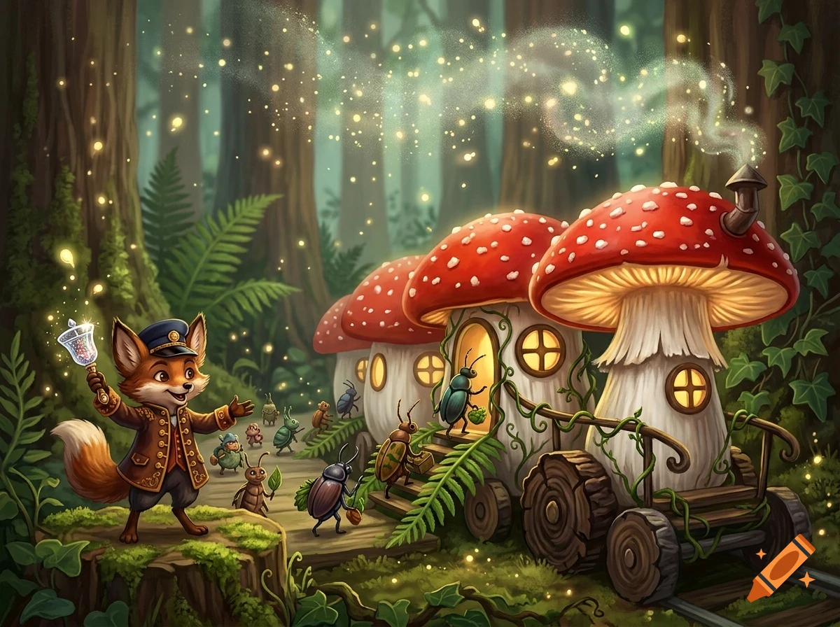 An anthropomorphic fox holding a glowing wand in an enchanted forest with mushroom-shaped houses on wheels and tiny bugs carrying items.