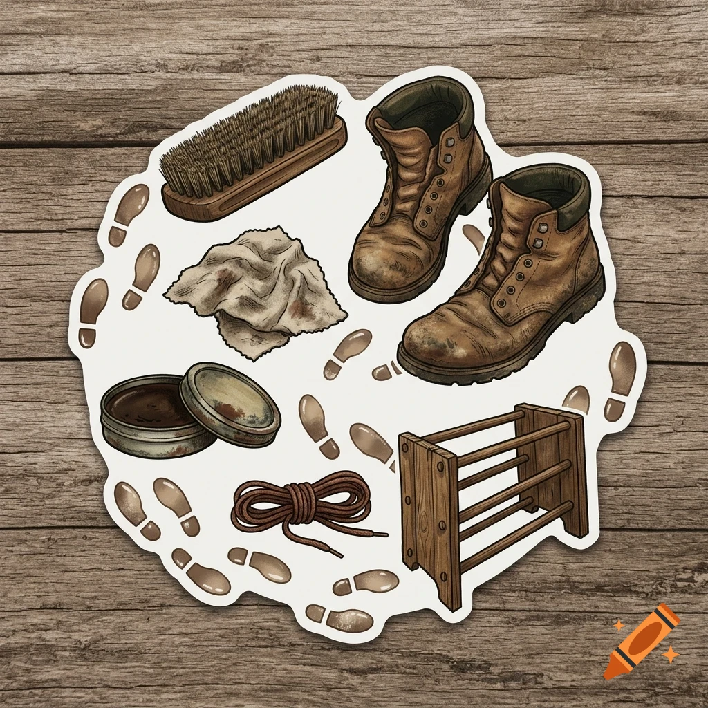 An illustrated sticker on a wooden surface showing brown work boots, a brush, polish tin, cloth, laces, and a wooden boot rack.