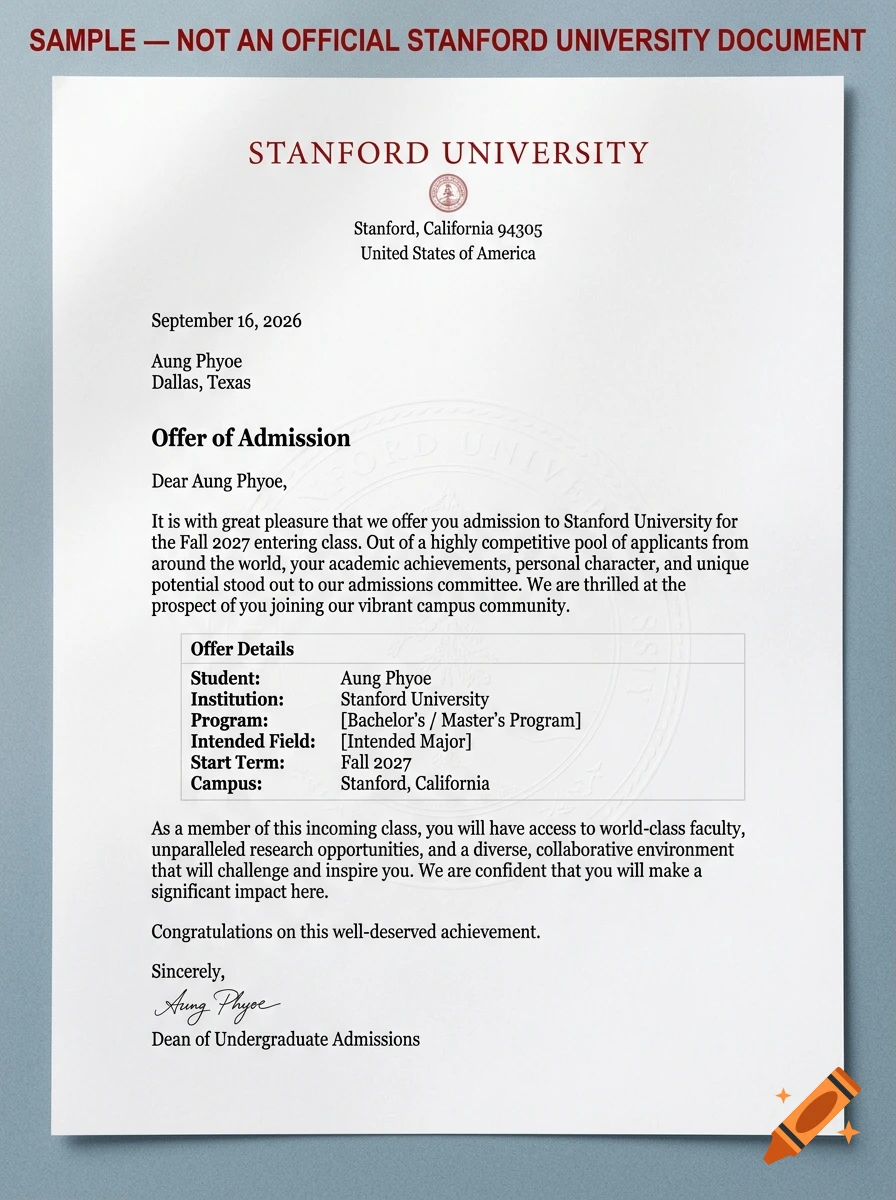 An official-looking Stanford University offer of admission letter on white paper.