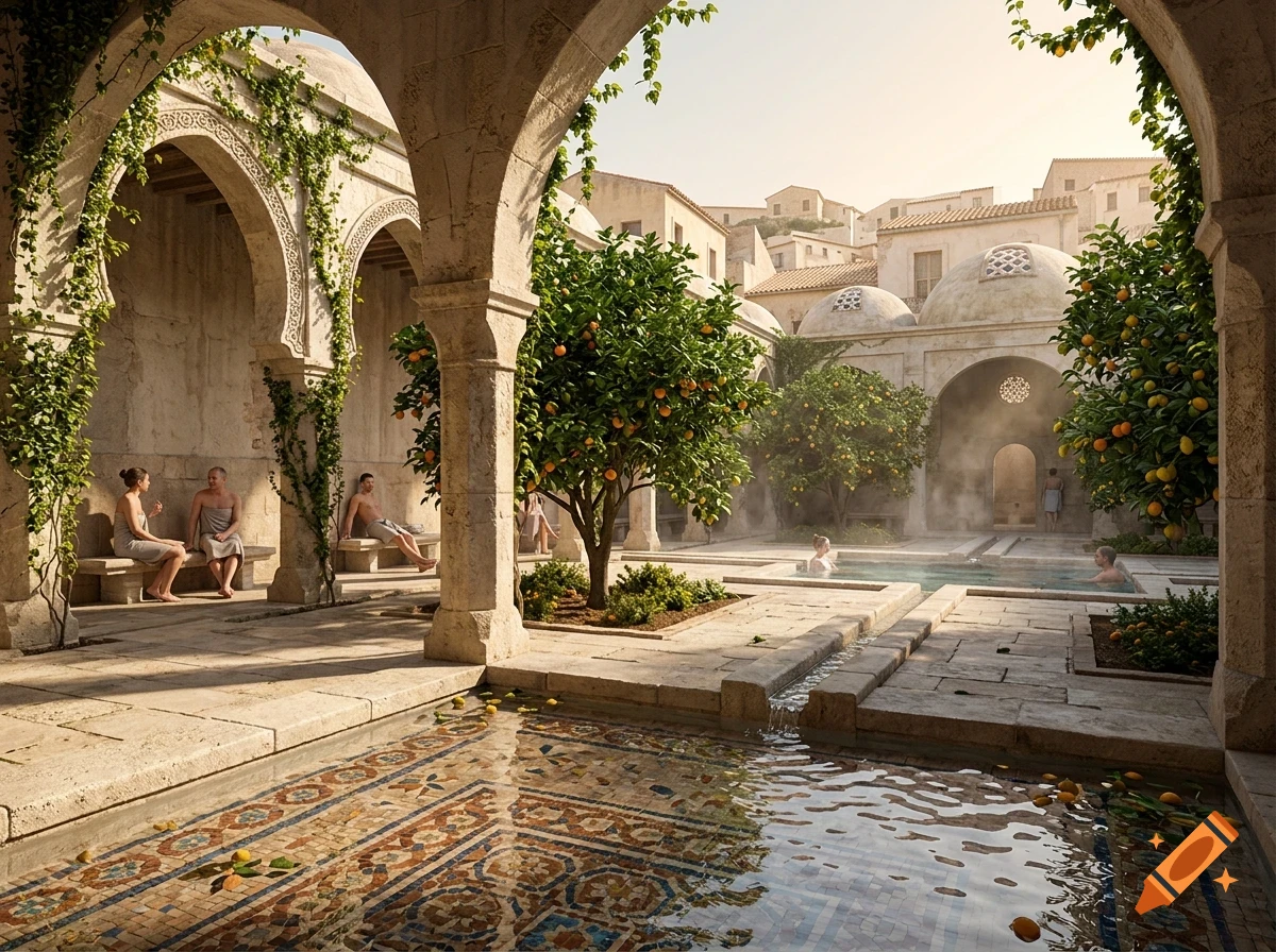 People relaxing in a historic stone bathhouse courtyard featuring arched architecture, citrus trees, and mosaic water pools.