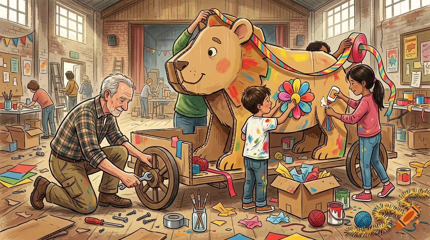 An elderly man and several children work together in a workshop to build a large cardboard lion float on a wooden cart.