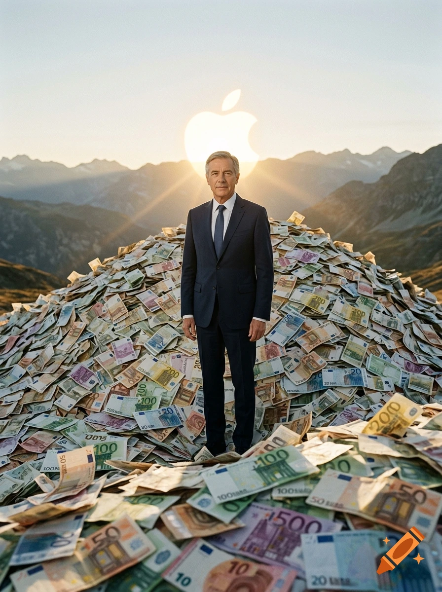 Photorealistic portrait of a man in a suit standing on a large pile of Euro banknotes with a sun in the shape of an Apple logo in the background.