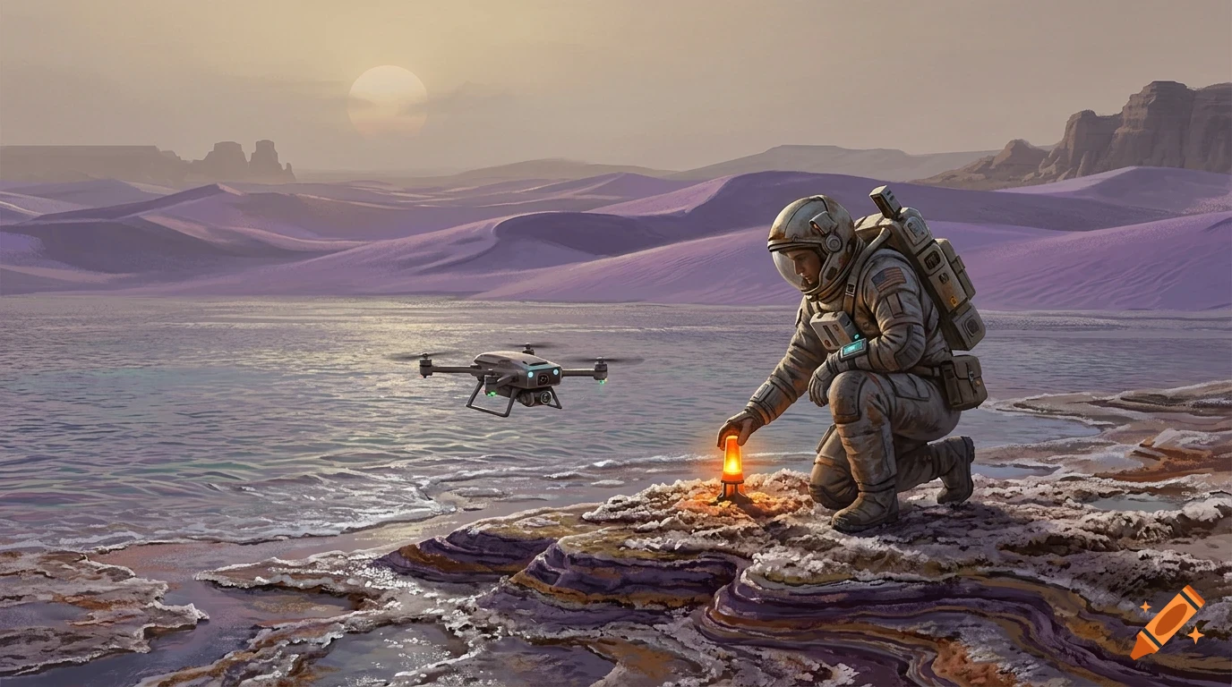 An astronaut in a space suit kneels on a rocky shore next to water, placing an orange glowing beacon, while a drone hovers nearby under a sunset sky and purple hills.