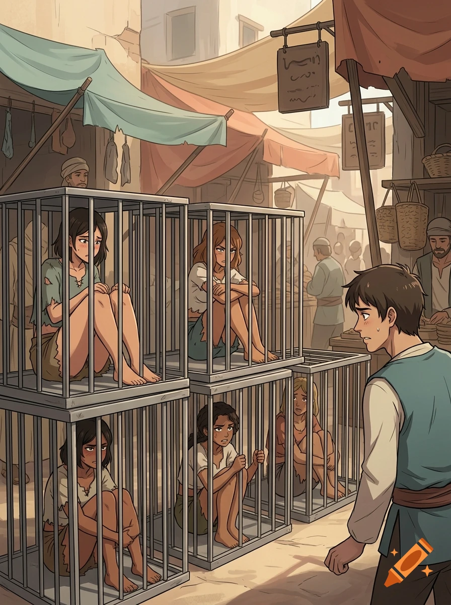 Anime style illustration of young women sitting in stacked cages in a medieval marketplace while a young man looks on.