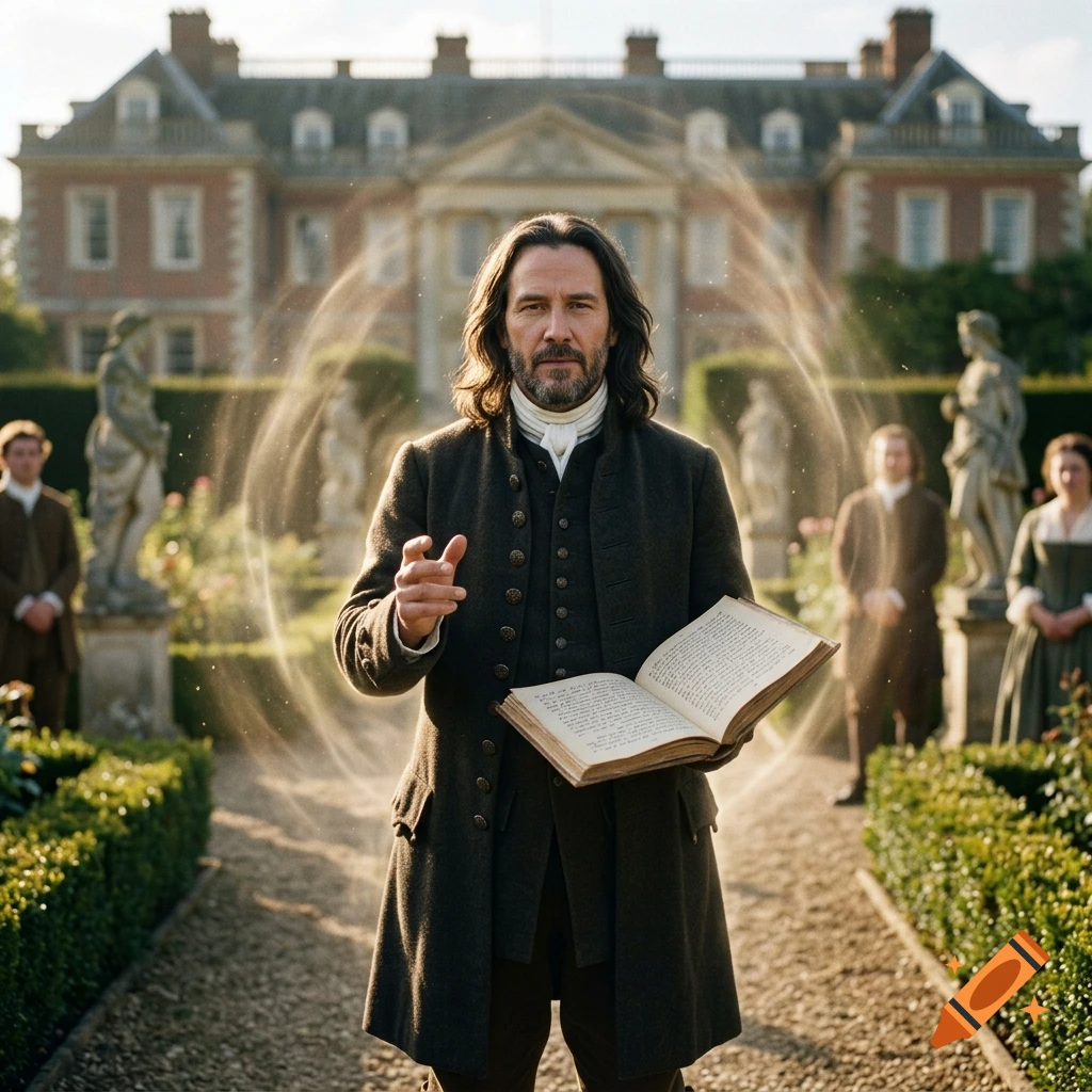 Photorealistic portrait of a man resembling John Locke in 18th-century attire holding an open book with glowing aura in a formal garden.