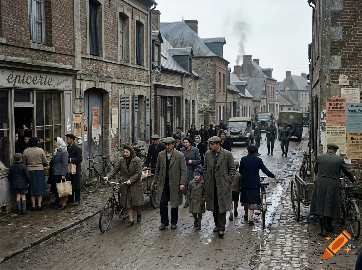 Photorealistic street scene of a muddy French village during WWII in 1941, featuring people walking, bicycles, and historical storefronts.