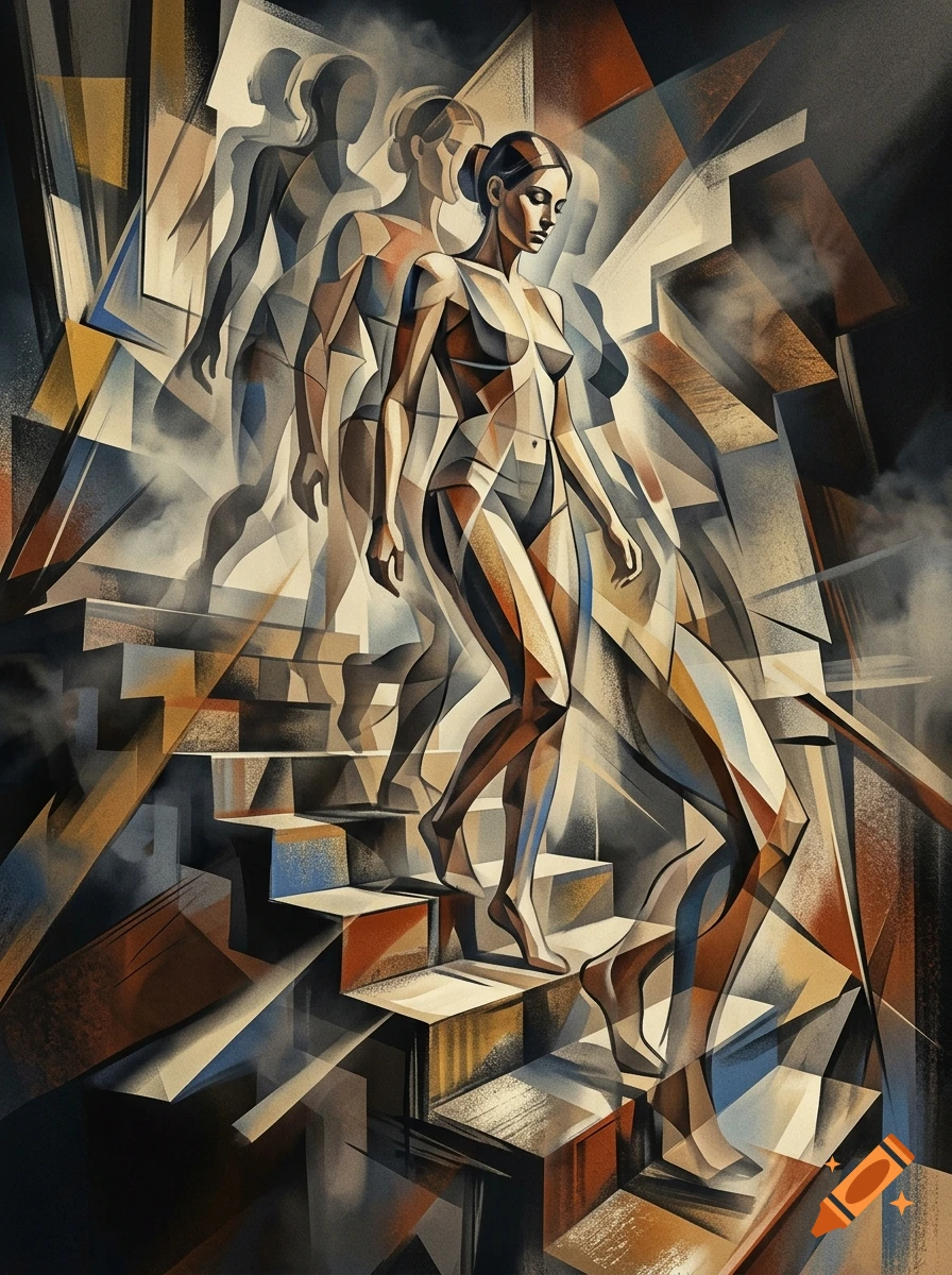 Futuristic abstract art depicting a woman descending a staircase with a multi-dimensional motion trail effect in a stylized, geometric aesthetic.