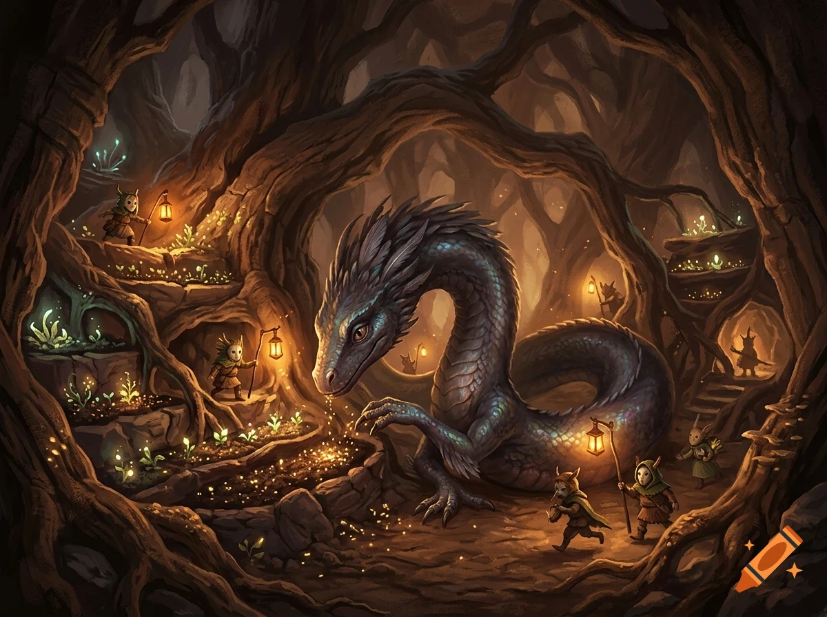A large dark dragon in a hollow tree forest surrounded by small masked figures holding lanterns.