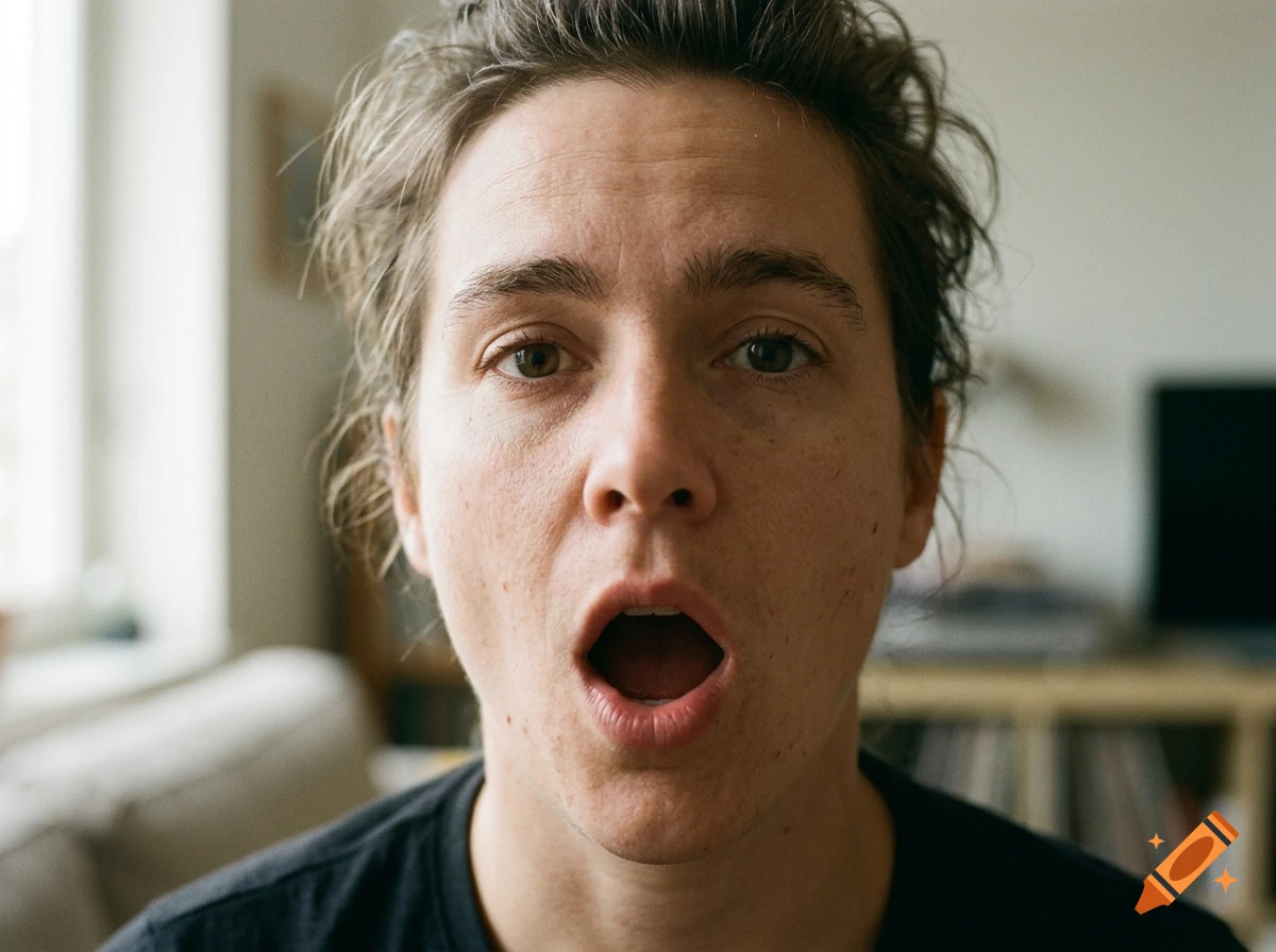 Close-up photorealistic portrait of a person with messy hair and an open mouth, looking surprised.