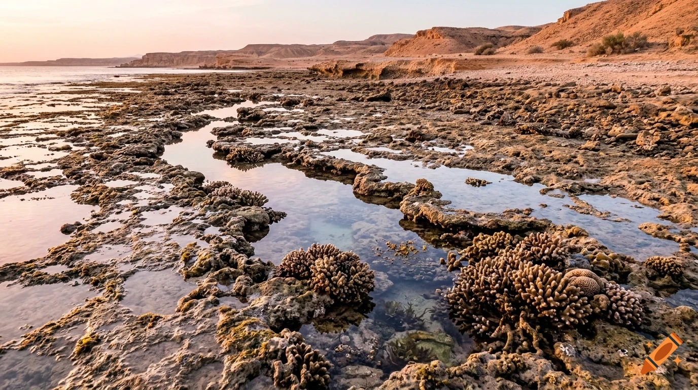 A rocky coastal shore at low tide with coral formations in shallow pools and arid cliffs in the background.
