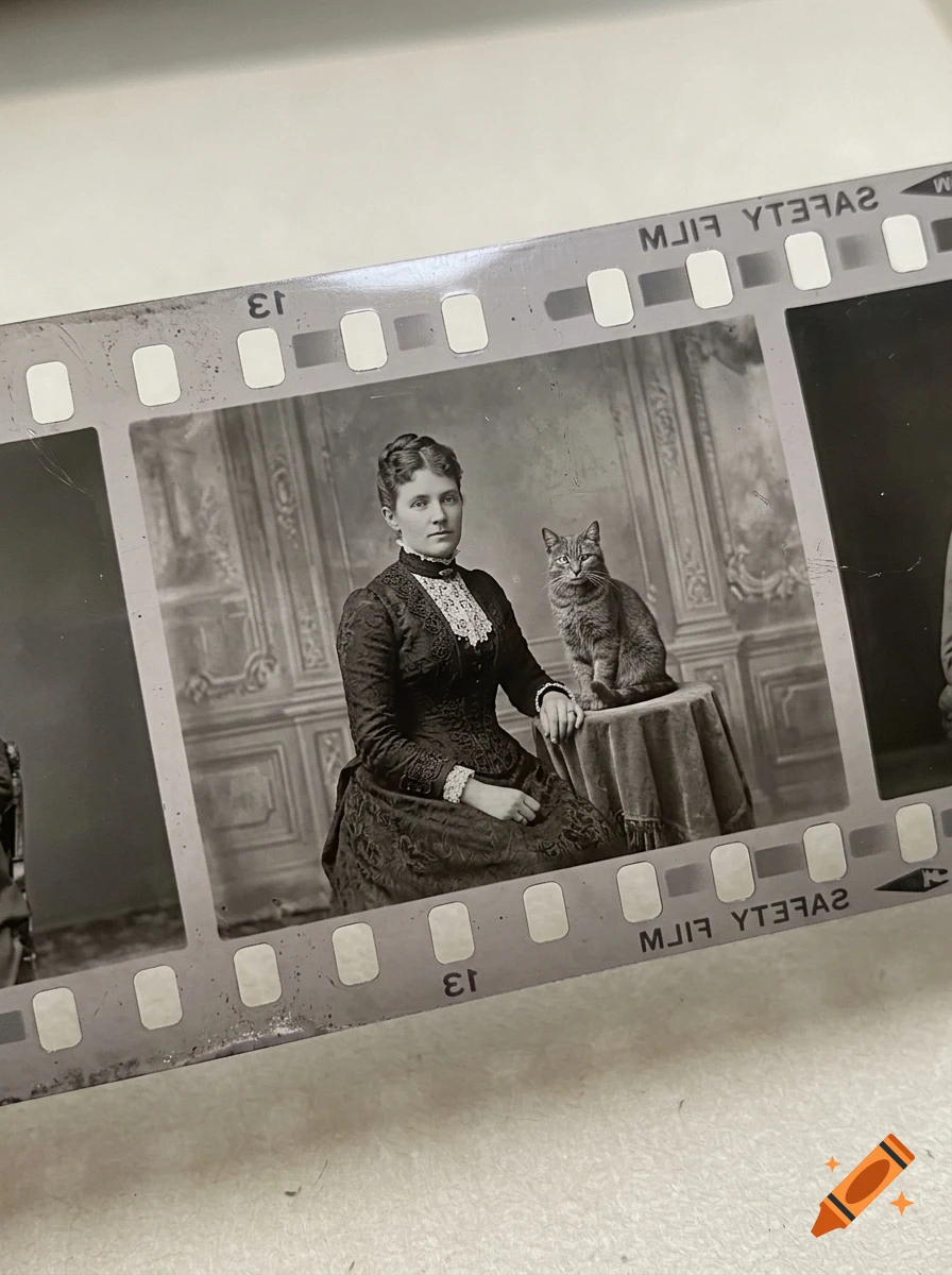 Negative film strip showing a vintage portrait of a Victorian woman sitting beside a tabby cat on a small table.