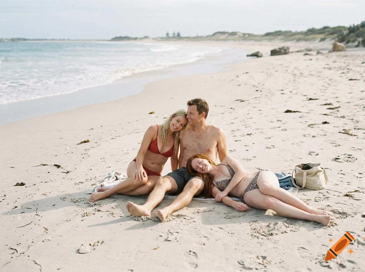 A man and two women relaxing on a sandy beach by the ocean, photorealistic.