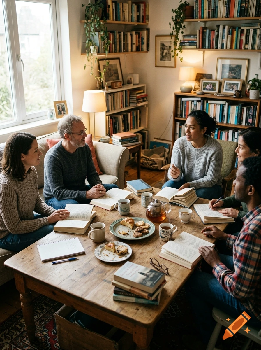 A group of diverse adults gathered around a wooden table in a cozy, book-filled room, reading and drinking tea.