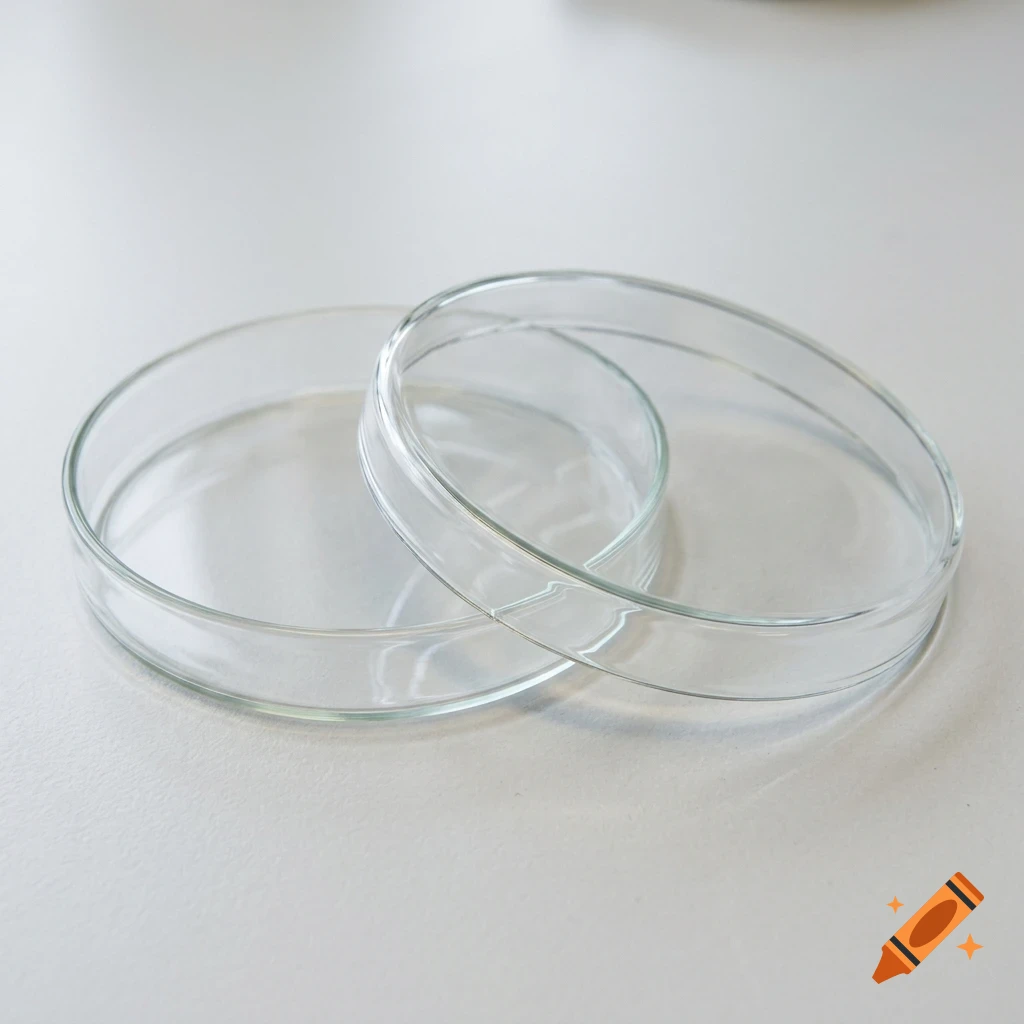 Two empty glass Petri dishes overlapping on a white surface.