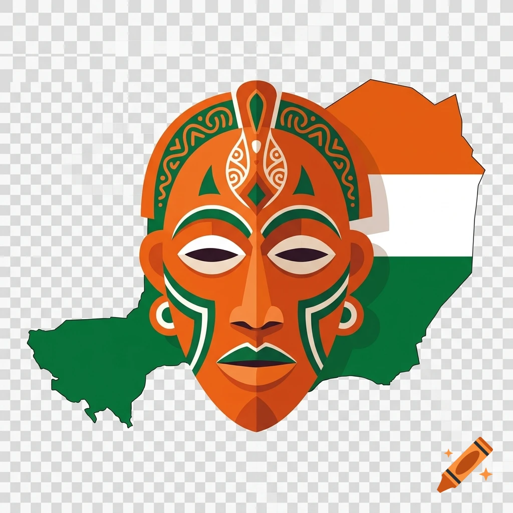 Vector art of an ornate orange and green African mask superimposed over the national flag of Niger on a transparent background.
