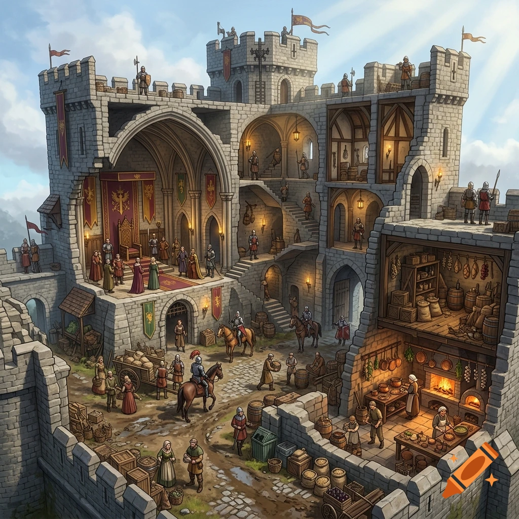 Detailed cutaway illustration of a medieval castle showing rooms, a throne room, a kitchen, and courtyard activity.