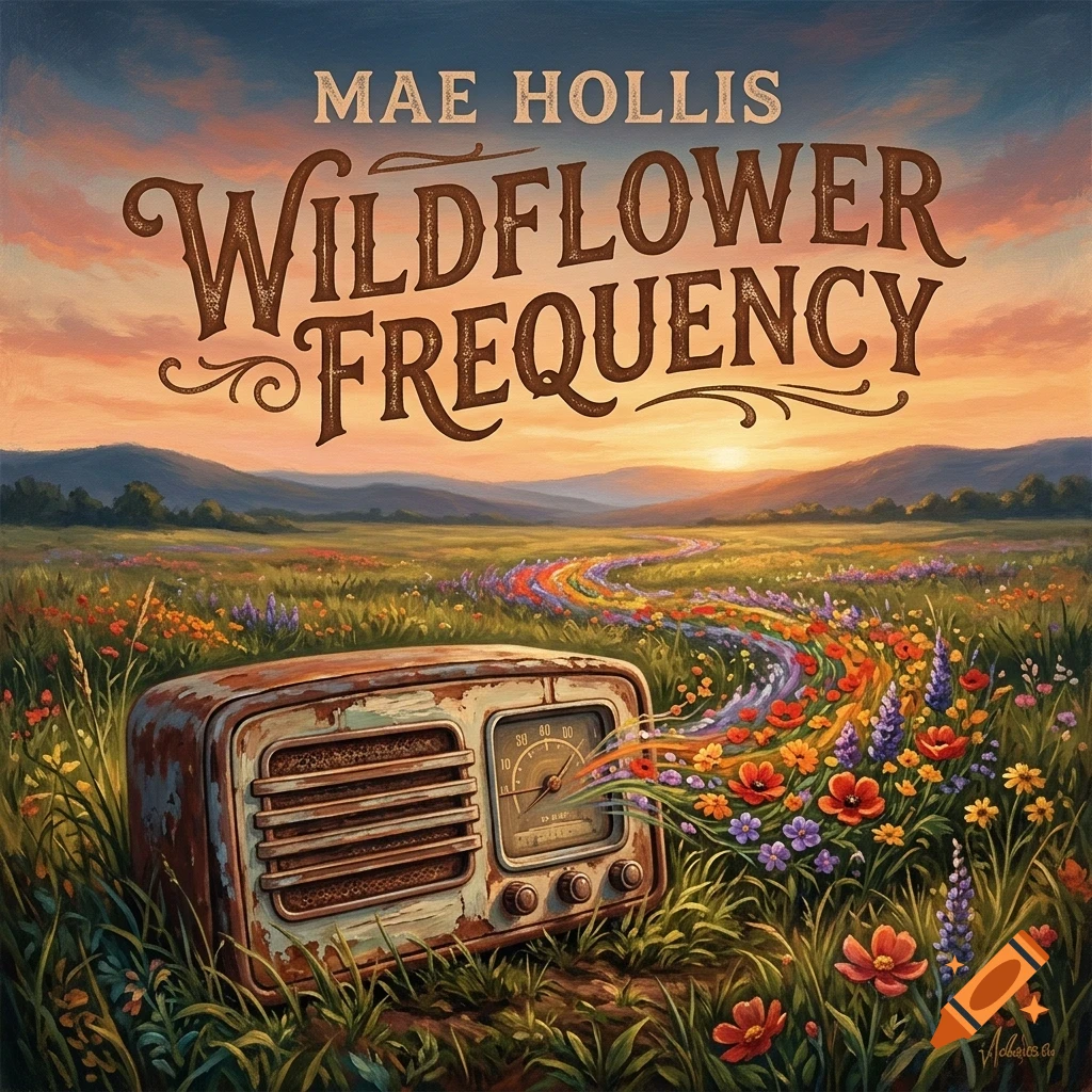 An old rusty radio sits in a vibrant meadow of wildflowers at sunset, with a colorful trail of flowers and musical waves streaming from its dial, beneath the text 'MAE HOLLIS' and 'WILDFLOWER FREQUENCY'.