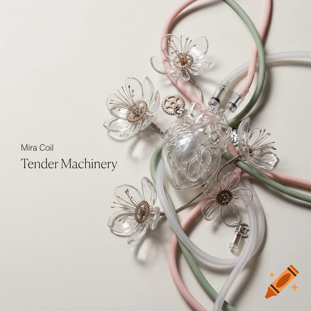 An artistic composition of glass flowers, a translucent anatomical heart model, gears, and pastel tubing on a light background with text reading Mira Coil Tender Machinery.