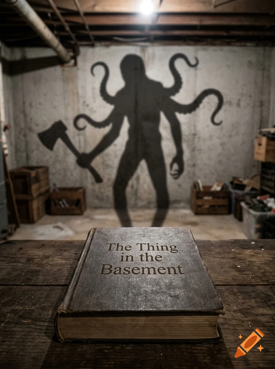 Photorealistic image of an old book on a wooden table with the title 'The Thing in the Basement', casting a shadow of a tentacled monster on a basement wall.