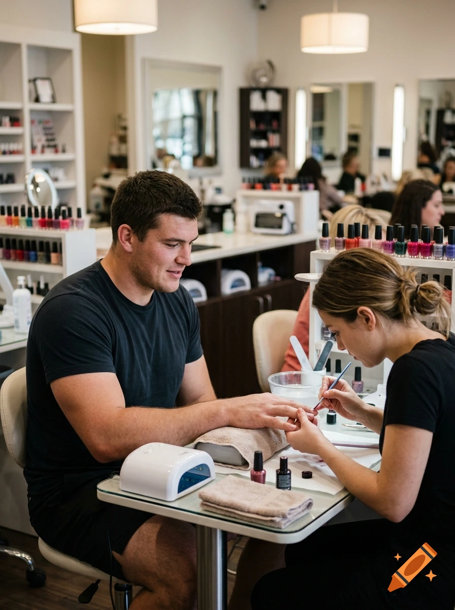 Photorealistic image of a young man getting his nails painted by a woman in a nail salon.