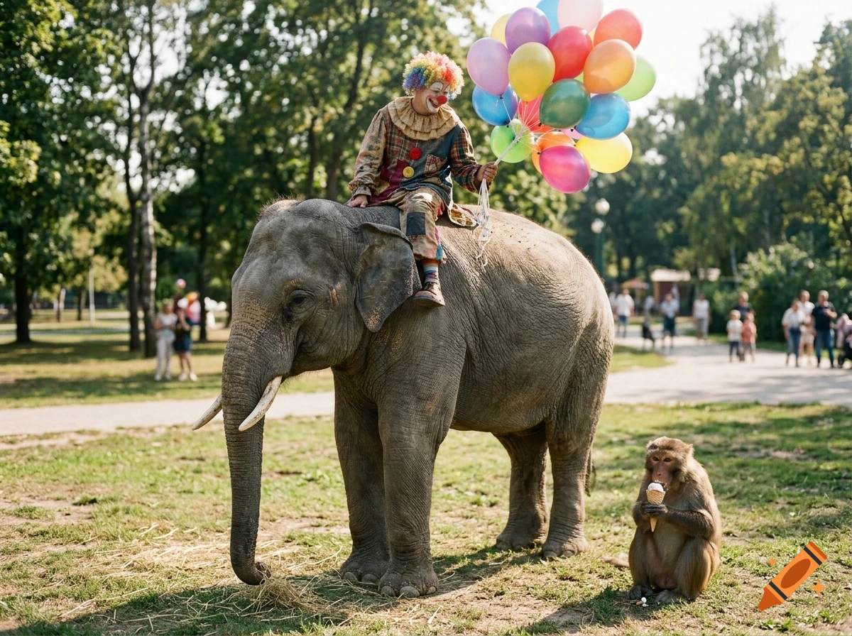 Photorealistic image of a clown sitting on an elephant holding colorful balloons, with a monkey eating ice cream nearby in a park.