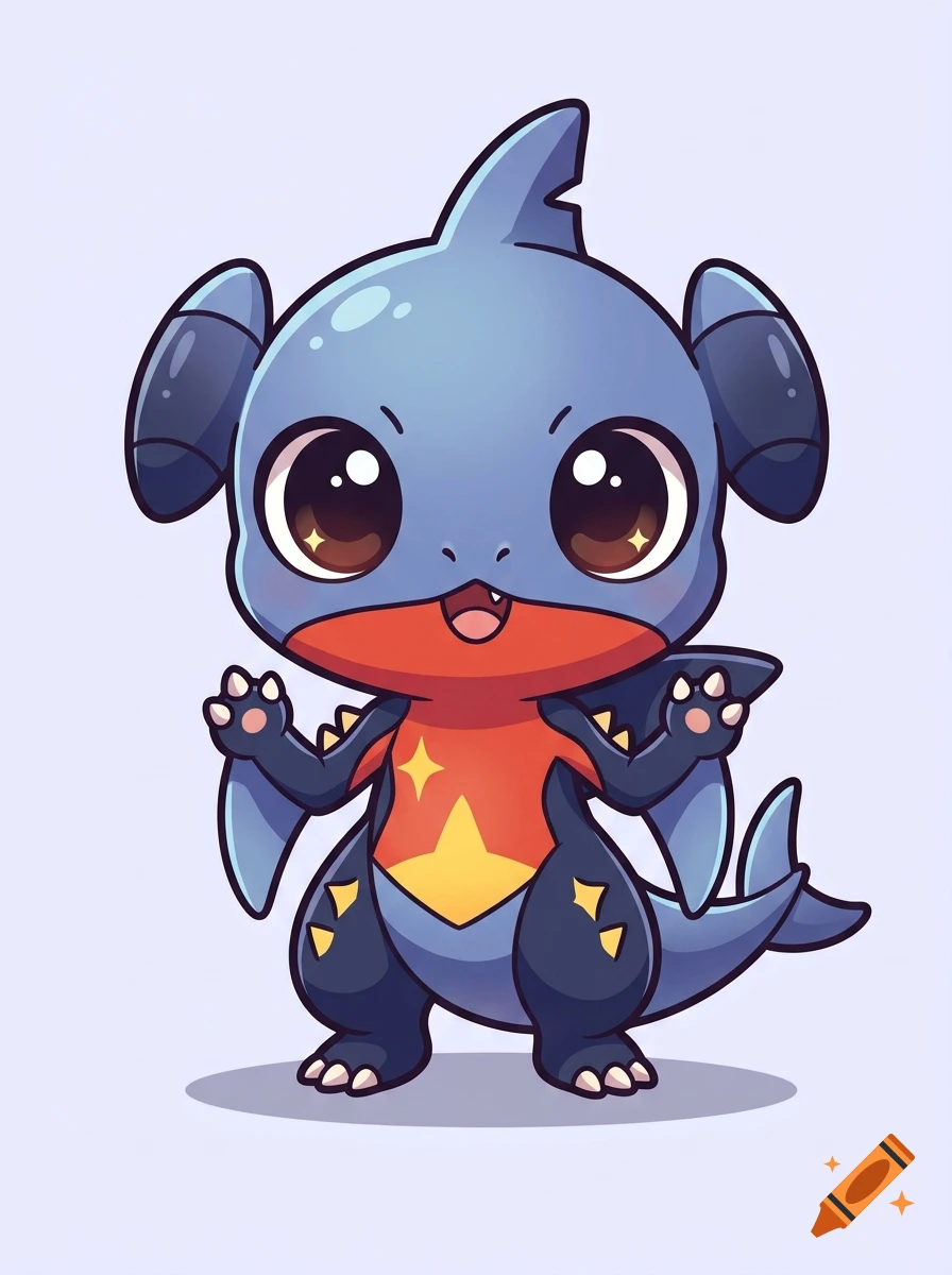 Chibi-style blue and red monster resembling Garchomp from Pokémon, standing against a light background.