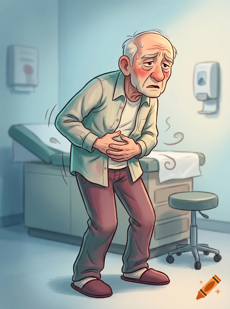 Digital cartoon of an elderly man in a hospital exam room, holding his stomach and looking sick and sweaty.