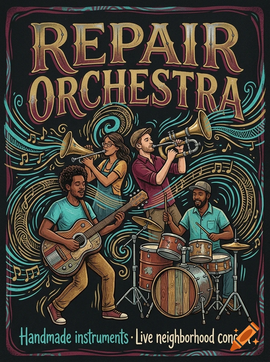 An illustrated poster depicting a four-piece band playing instruments with the text REPAIR ORCHESTRA above and Handmade instruments in the footer.