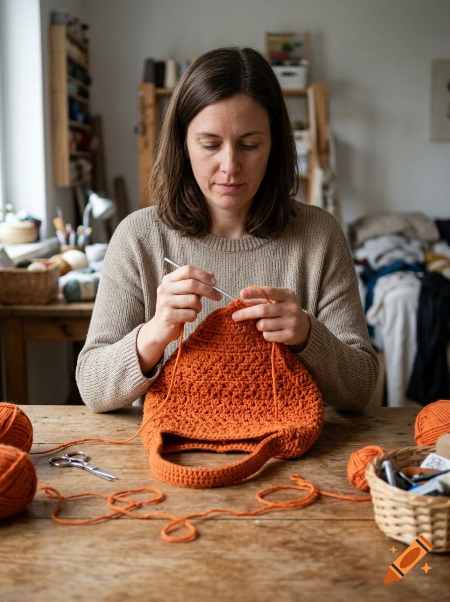 A woman with medium-length hair sits at a wooden table, crocheting an orange bag in a brightly lit room.