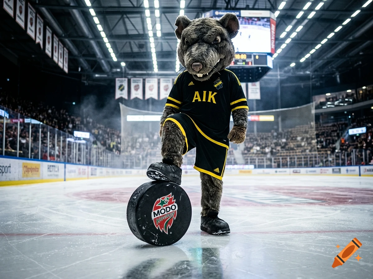 A rat mascot in a black and yellow hockey jersey stepping on a puck on an ice rink inside a stadium.