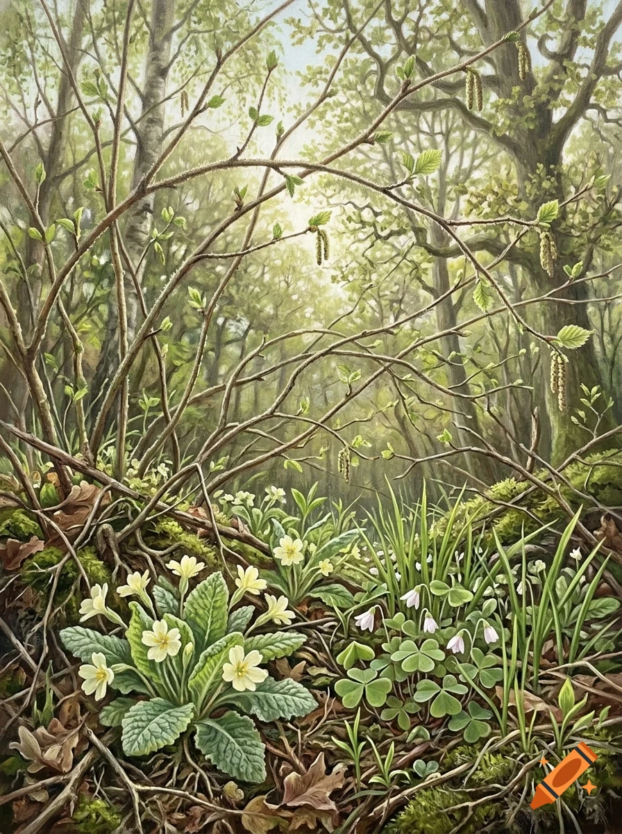 A detailed painting of a forest floor with blooming primroses, wood sorrel, and budding trees under a soft canopy.