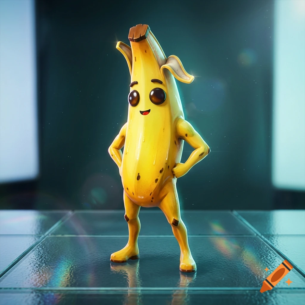 3D render of the Fortnite Peely banana character standing with hands on hips on a reflective glass surface.