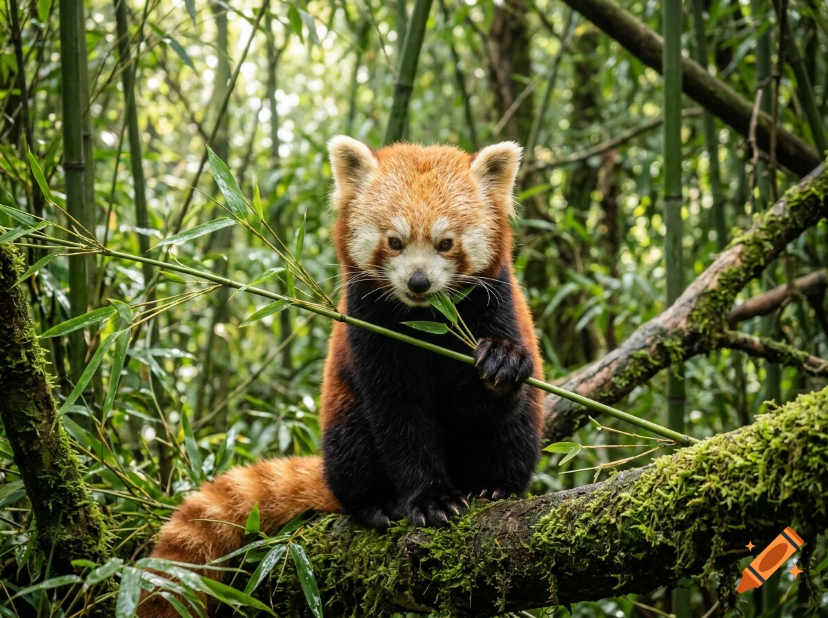 A photorealistic red panda sitting on a mossy tree branch in a bamboo forest, eating bamboo leaves.