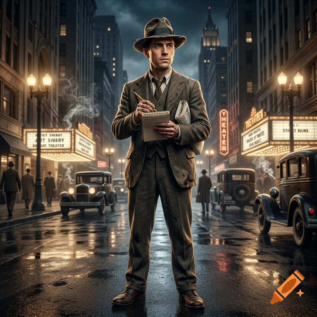 A 1920s reporter in a fedora standing on a wet city street holding a notepad and pencil, photorealistic style.