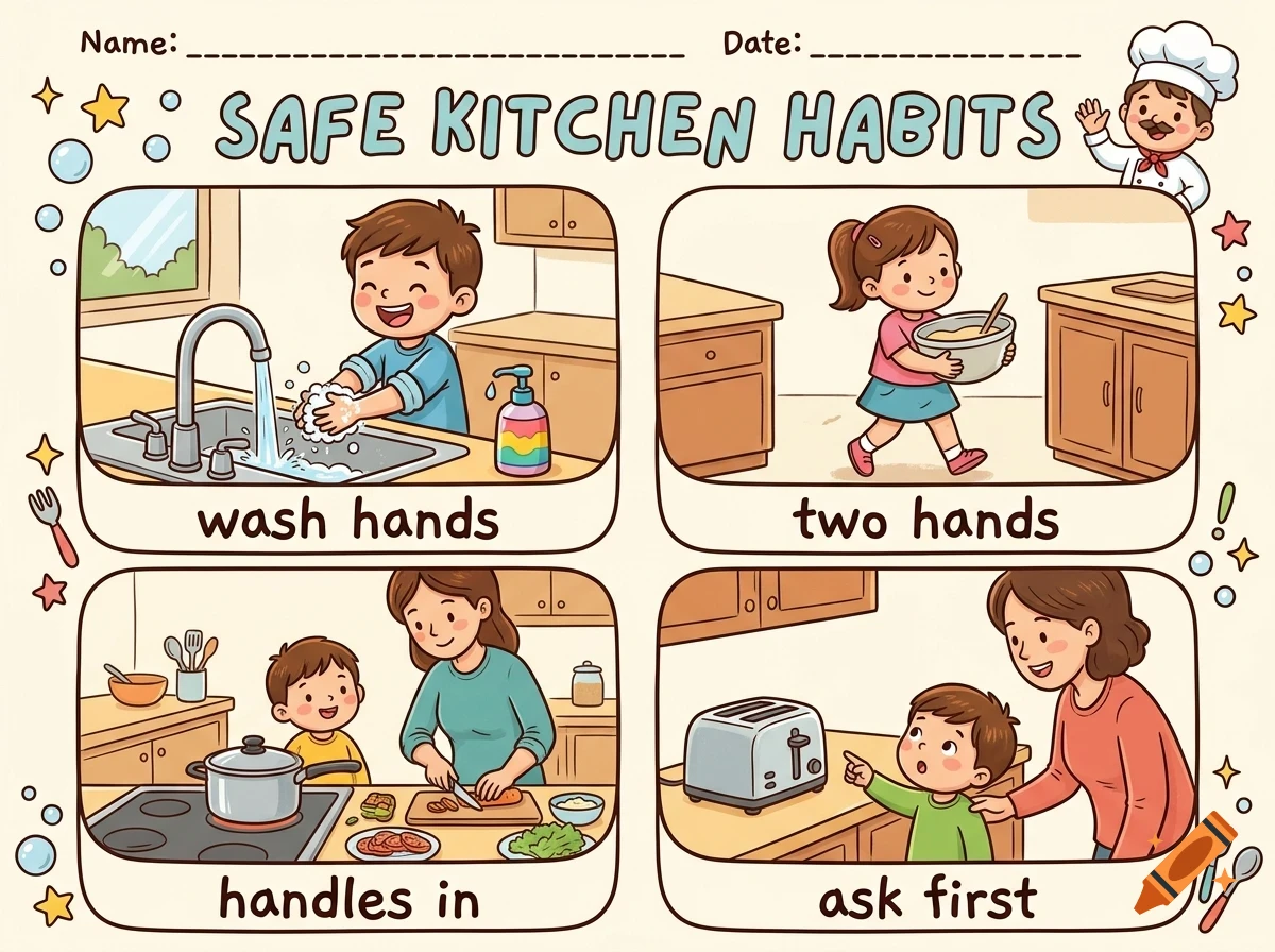 An educational cartoon worksheet titled 'Safe Kitchen Habits' with four illustrated panels showing children practicing kitchen safety.